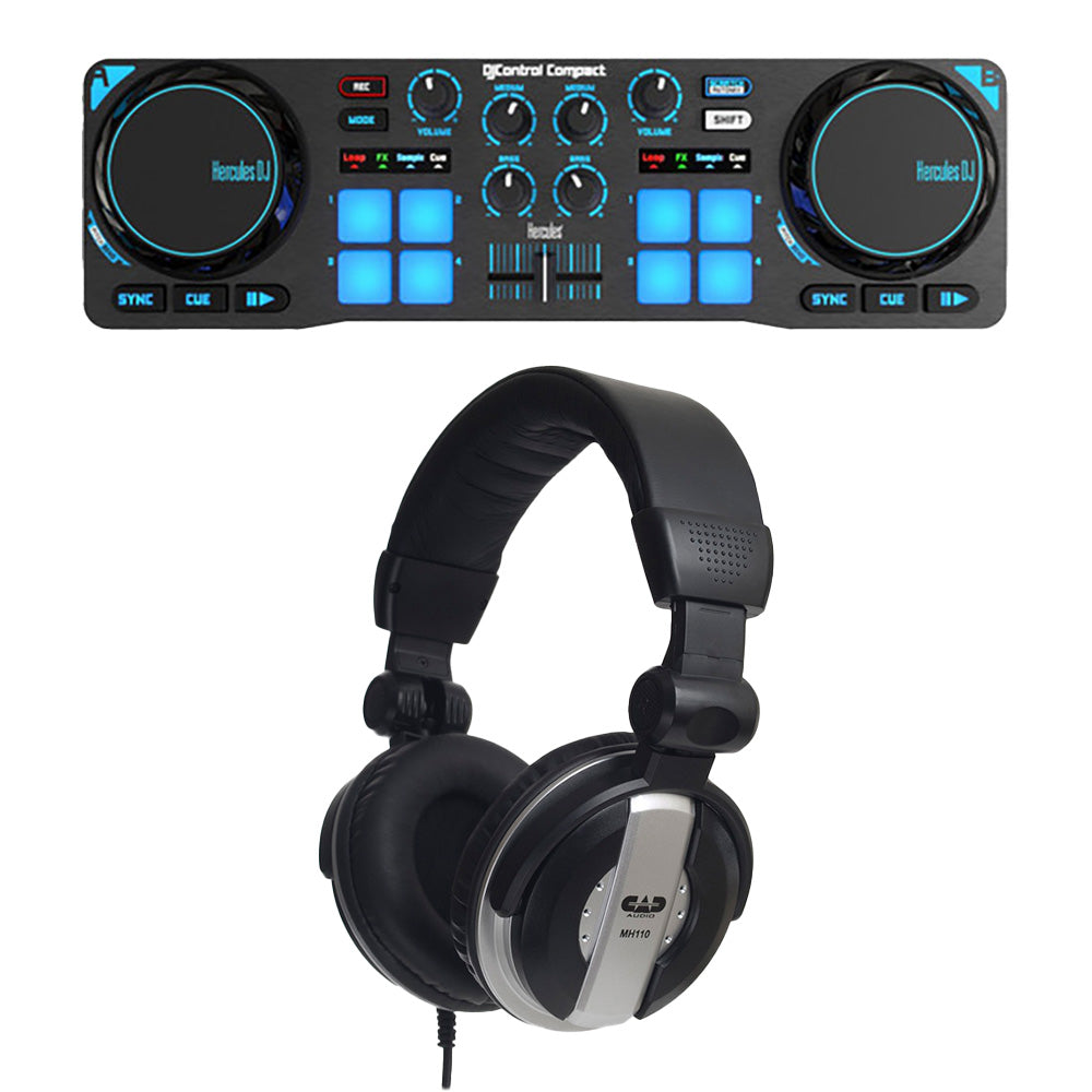 Hercules DJ Control Compact Super-Mobile USB Controller w/MH110 Studio Headphones