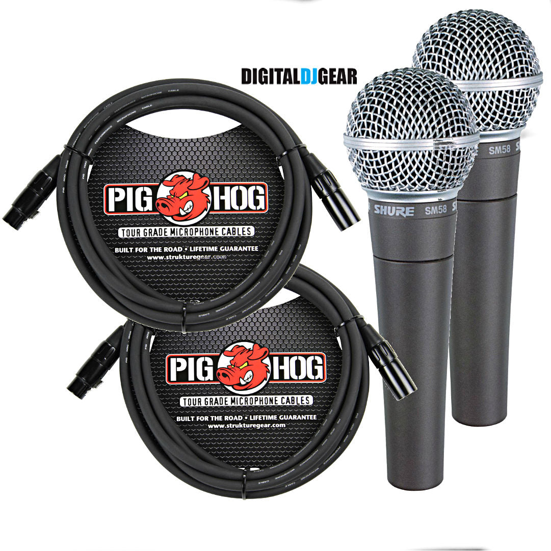 Shure SM58 SM-58 Dynamic Live Vocal Microphone PAIR w/ Pig Hog XLR Mic Cables