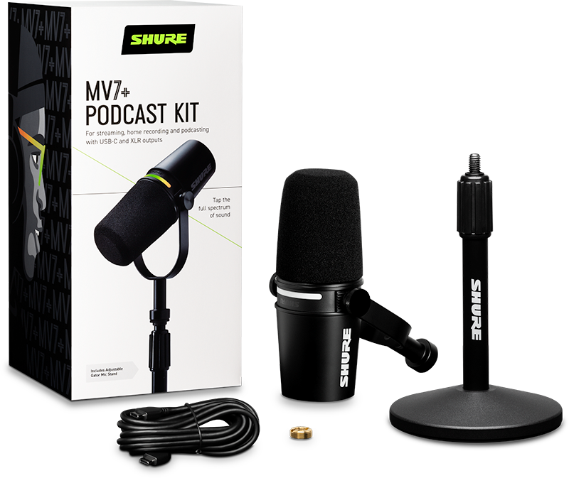 Shure MV7+ XLR/USB-C Dynamic Podcasting Microphone (Black) Including Gator Stand