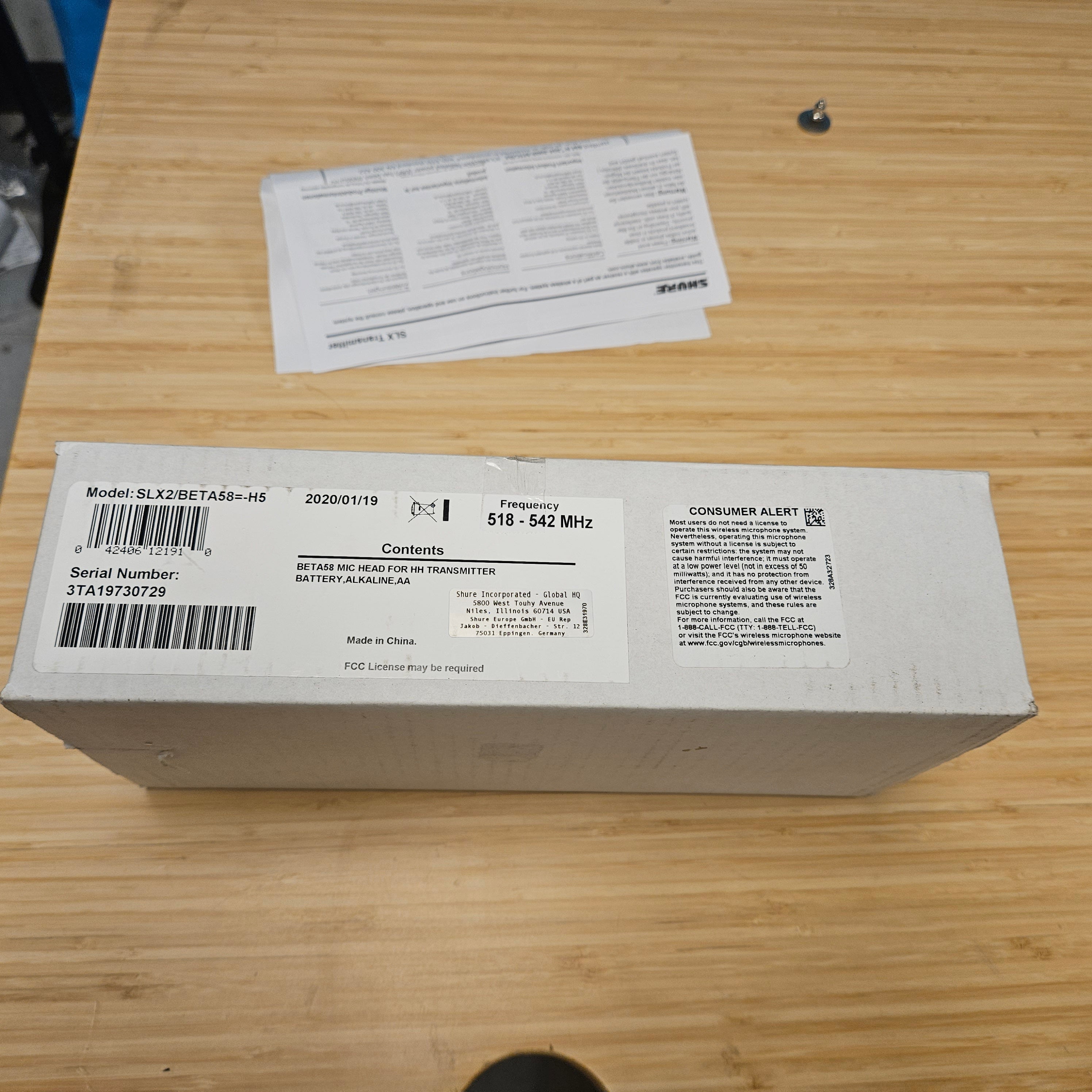 Shure SLX2/BETA58-H5 Handheld Wireless Microphone Transmitter with Beta 58A Capsule (H5: 518 to 542 MHz) - Used