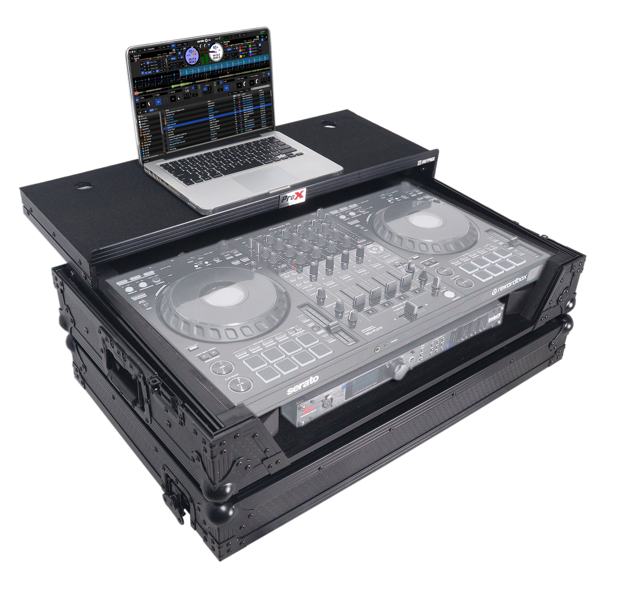 ProX XS-DDJFLX102UWLTBLLED Flight Style Road Case with Laptop Shelf and LED Black Finish for Pioneer DJ FLX10