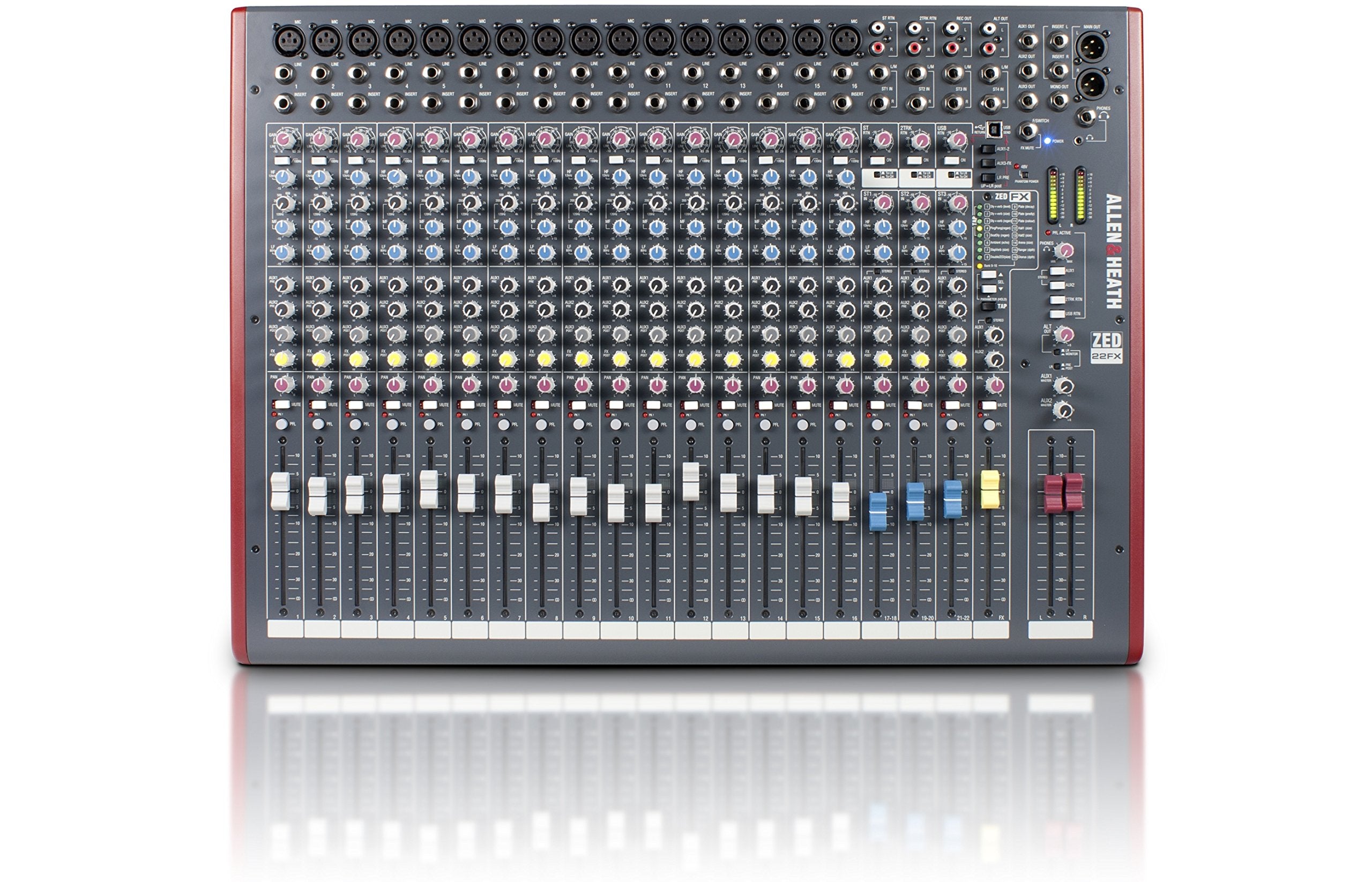 Allen & Heath ZED22FX 16 mic/line + 4 stereo, 4 aux sends, 3 band swept mid EQ, 2 x 2 USB, I/O 100mm faders with 24 bit effects