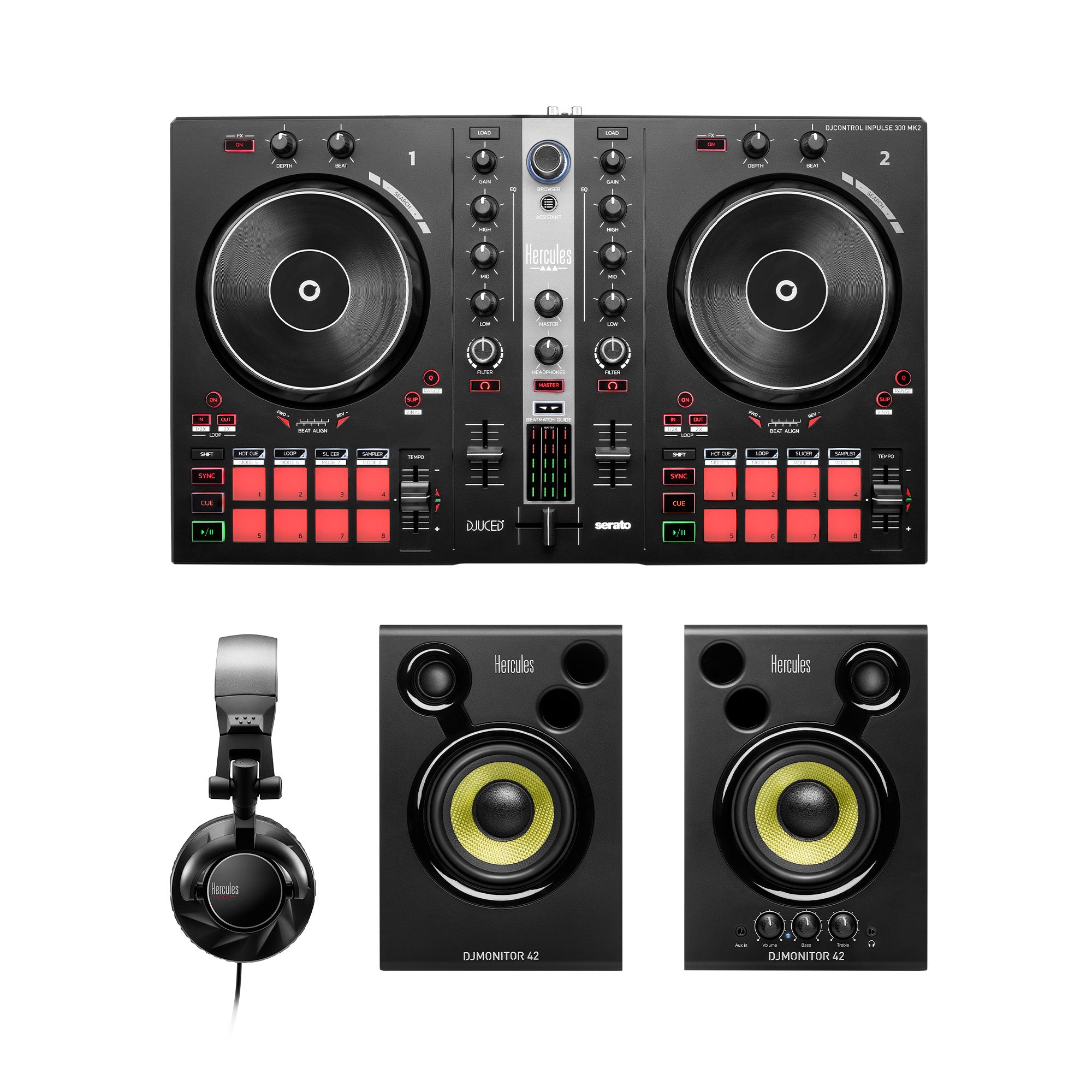 Hercules DJ Essentials Kit All-in-One Kit to Learn to DJ with DJControl Inpulse 300 Controller, Monitors, and Headphones (B-Stock)