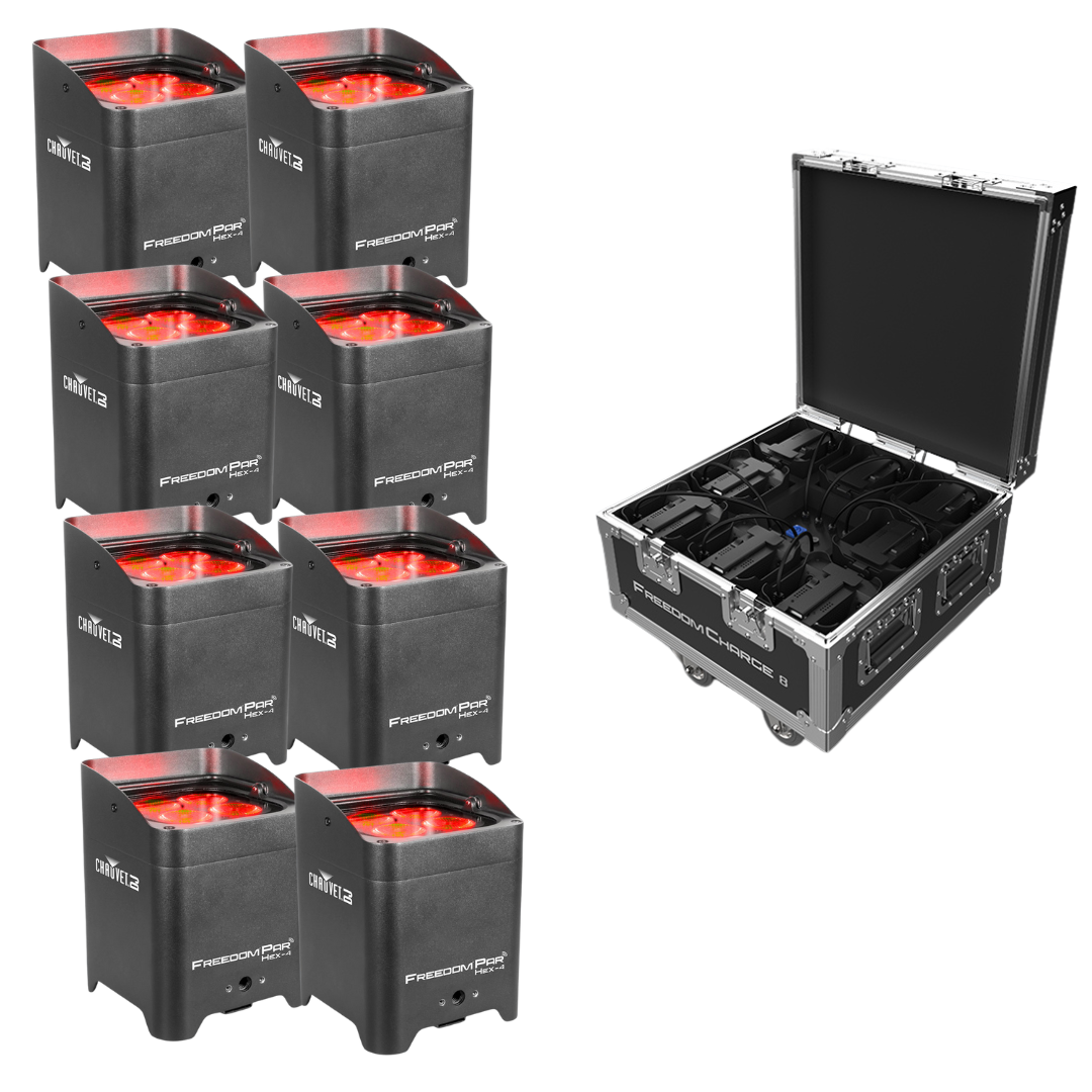 Chauvet DJ Package with 8 Freedom Par Hex 4 Lights and Freedom Charge 8 Road Case