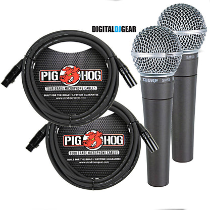 Shure SM58 SM-58 Dynamic Live Vocal Microphone PAIR w/ Pig Hog XLR Mic Cables