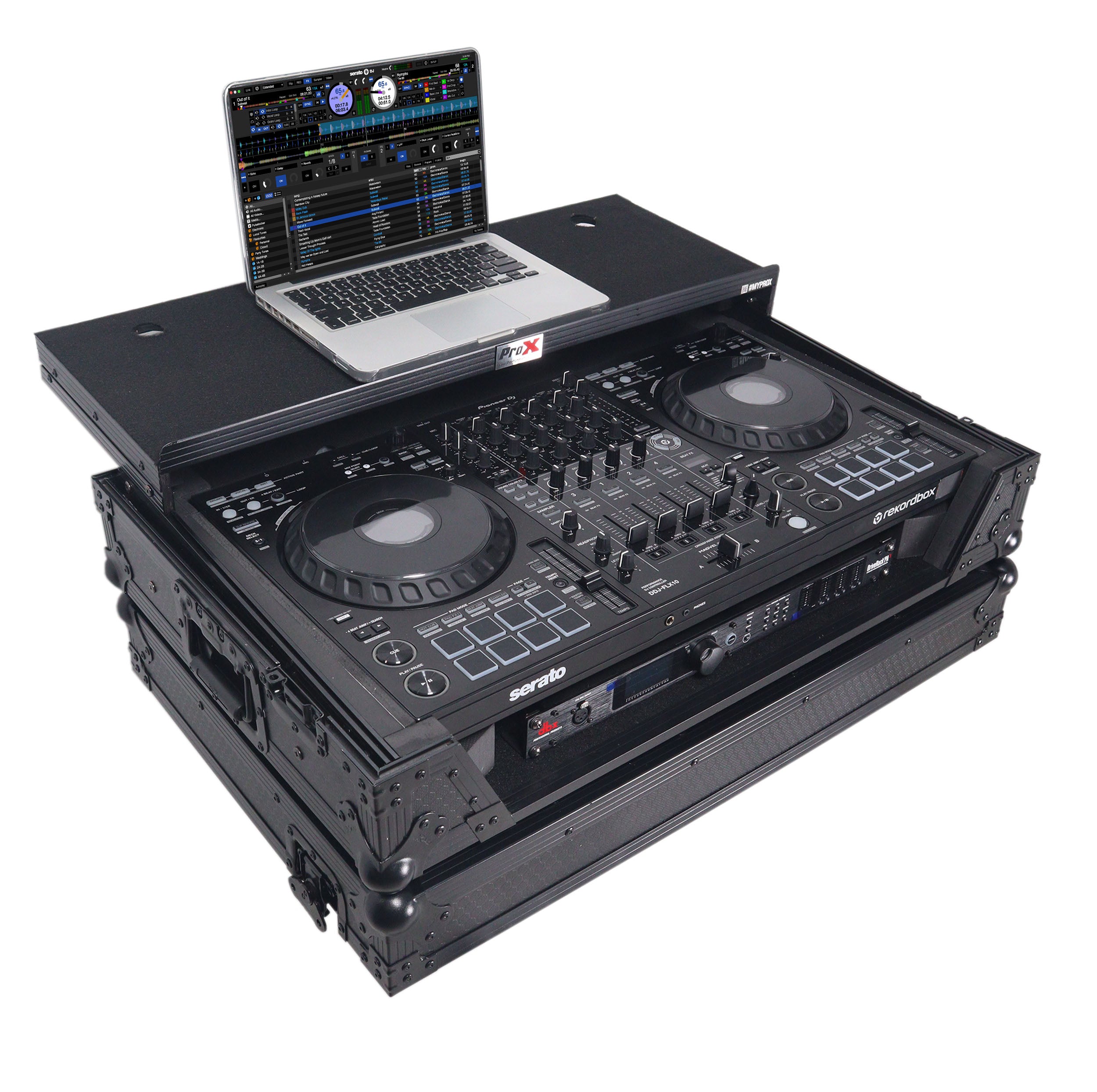 ProX XS-DDJFLX102UWLTBLLED Flight Style Road Case with Laptop Shelf and LED Black Finish for Pioneer DJ FLX10
